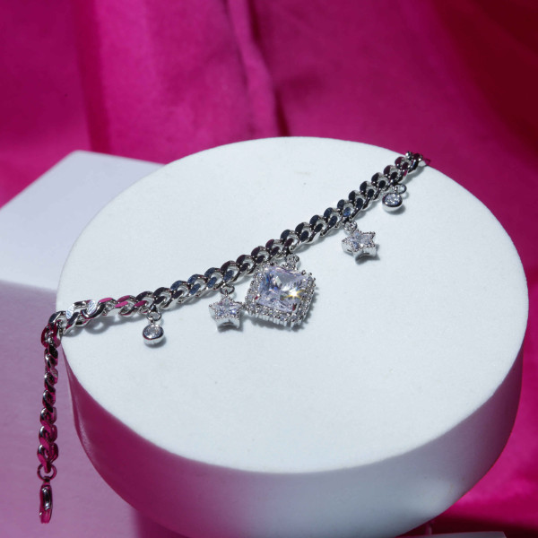 Silver Color Bracelet with Mix Shapes Decoration Adorned with Stones Like Diamonds